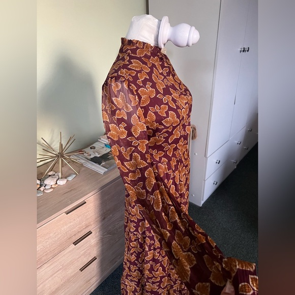 Maroon Orange Autumn Floral Chiffon Mockneck Midi Maxi Fit & Flare Modest Dress - Picture 4 of 17